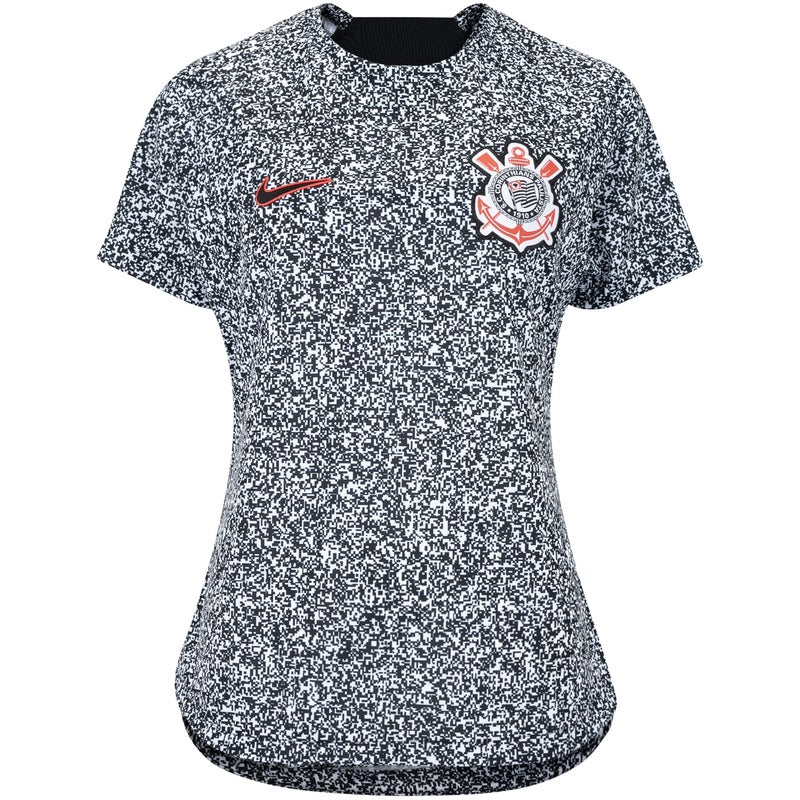 Camisa Feminina Corinthians Pré Jogo 2023/24 Branca e Preta - Modelo Baby Look